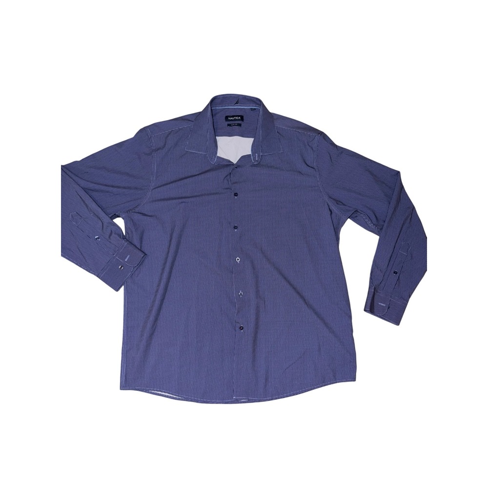 Nautica Mens Slim Fit Long Sleeve Button Down Shirt Navy Micro Check XL 17-17.5